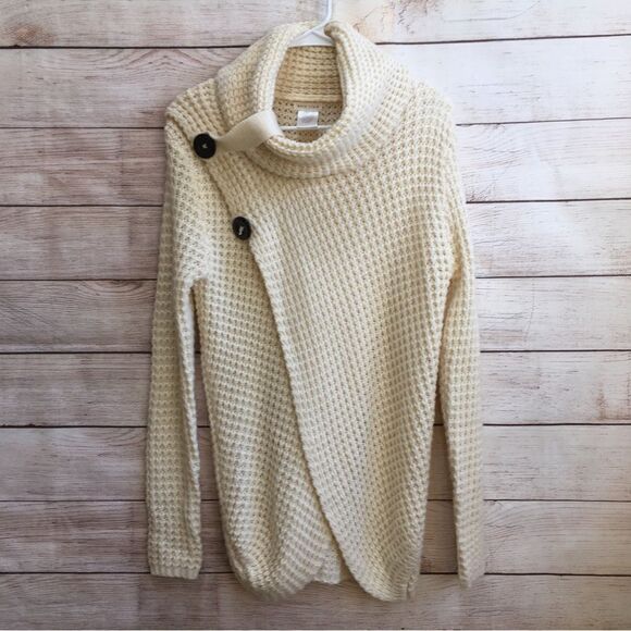 COPY - MAIN STRIP COWL NECK ASSYMETRICAL BUTTON SWEATER IN CREAM - Picture 1 of 5